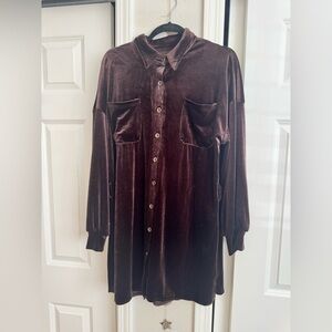 Chocolate Brown Velvet Button-Up Shirt Dress